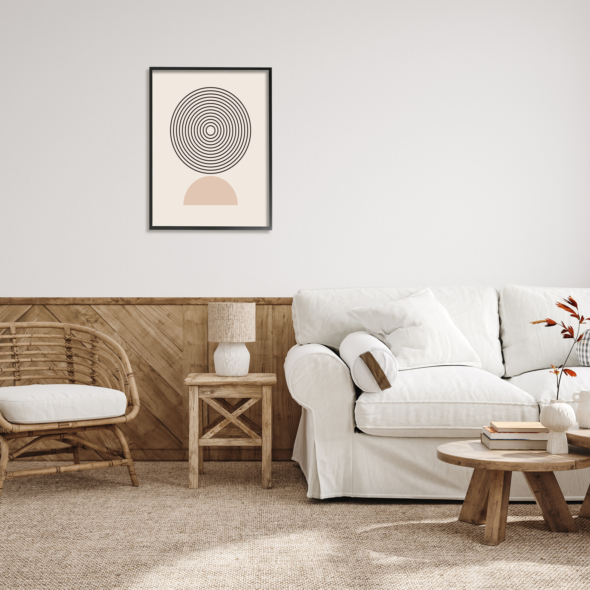 Stupell Industries Modern Circles on Beige Abstract Painting Black Framed Art Print Wall Art, 24 x 30