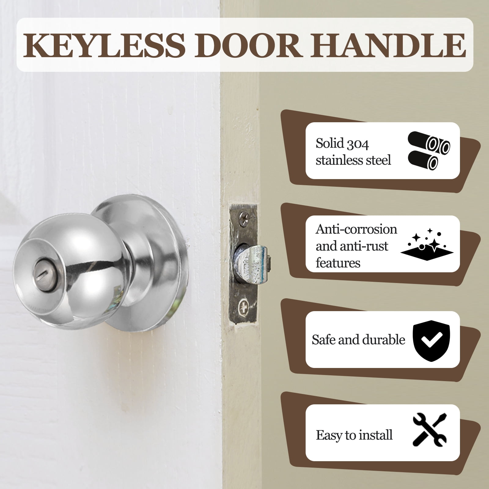 2 Pack Privacy Door Knob, Round Interior Door Handles Keyless Turn Lock Doorknob with Screws Fits 1.77"-2.56" Thickness for Bedroom, Bathroom Closets, Silver Tone