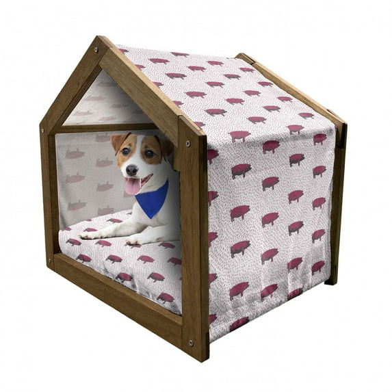 Animal Pet House, Modern Pop Art Style Domestic Swine Pig Sketch and Uneven Diagonal Lines, Outdoor & Indoor Portable Dog Kennel with Pillow and Cover, 5 Sizes, Dark Magenta and Taupe, by Ambesonne