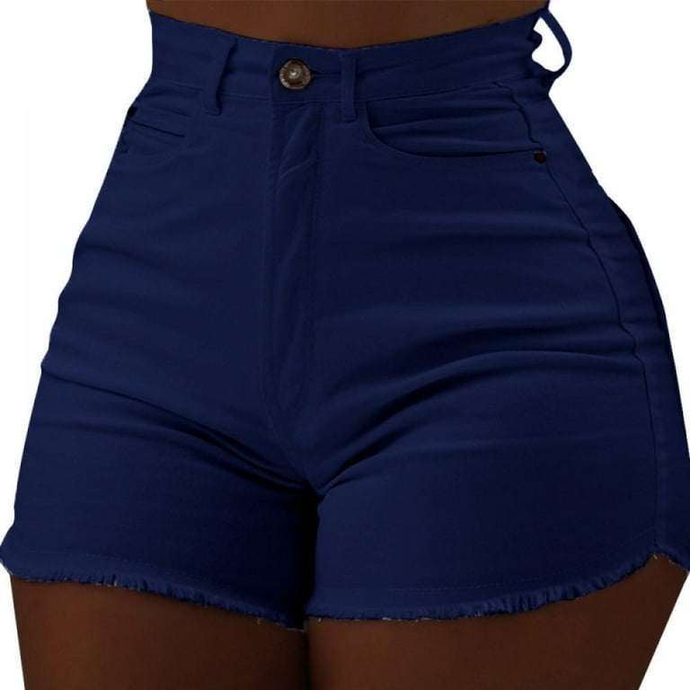 Women's Casual Denim Shorts, Plus Inseam Butt Lifting Stretch Twill/Denim  Shorts Frayed Raw Hem Ripped Jeans