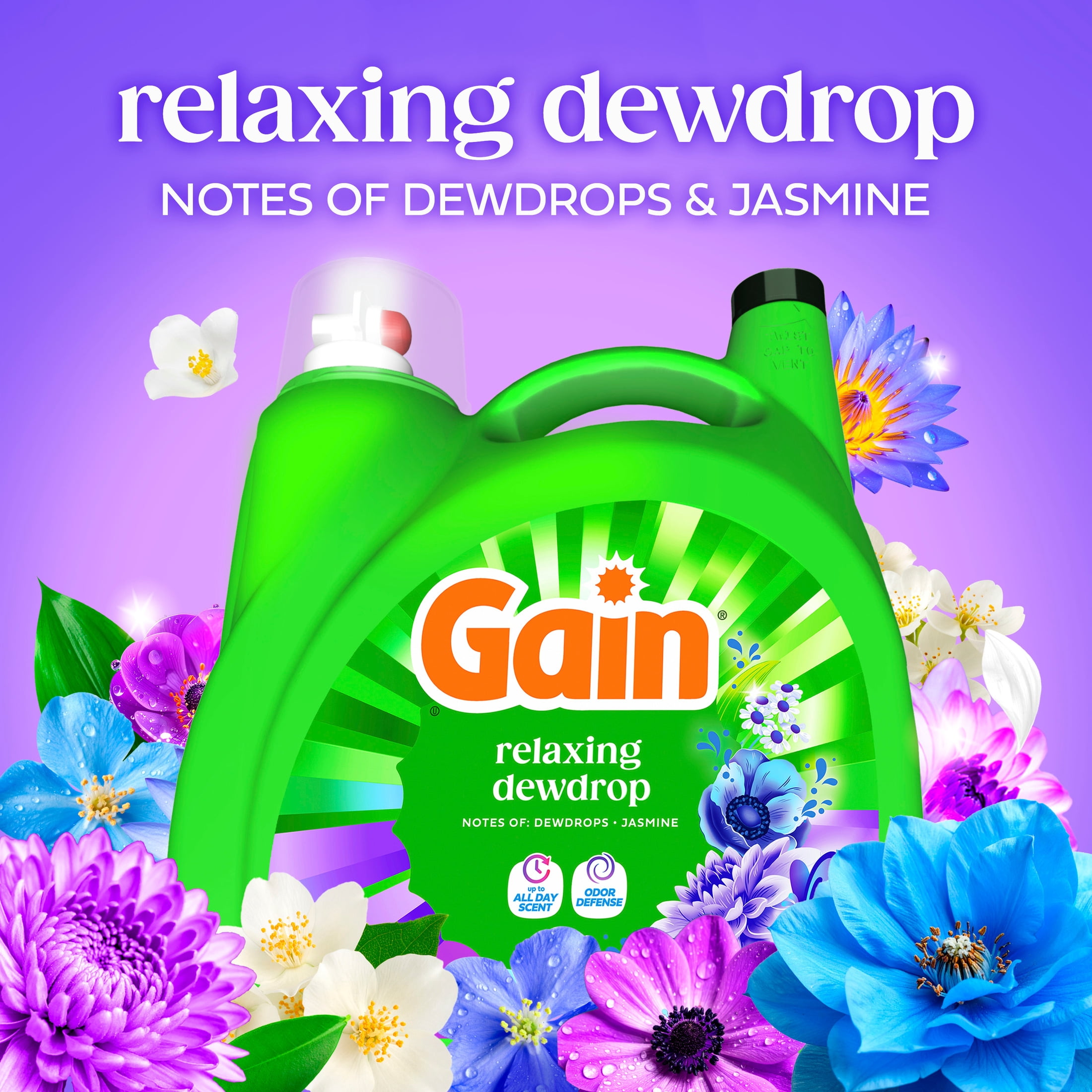 (4 pack) Gain Laundry Detergent Liquid, Now with Odor Defense, Relaxing Dewdrop Scent, 132 fl oz, 100 Loads