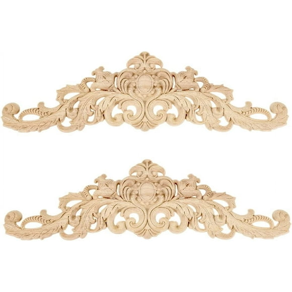 shiyou-Long Wood Carved Appliques Onlays, 2-Pack Unpainted Decorative Corner Carving Decals Set for Wall Door Cabinet Mirror Closet Wardrobe Dresser Mantel Staircase DIY Project, 30x8cm/11.81"x3.15"