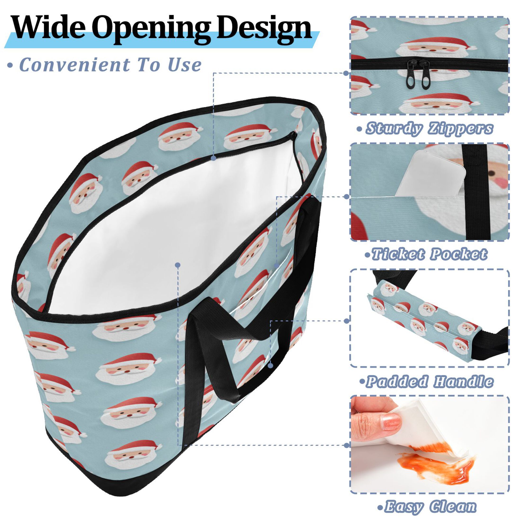 Extra-Large Wide Opening Design Capacity Hand-Held Ice Pack Thickened Insulation Layer For Long-Lasting Cold Retention For Outdoor Shopping Picnics And Camping Cartoon-style Santa Claus Faces