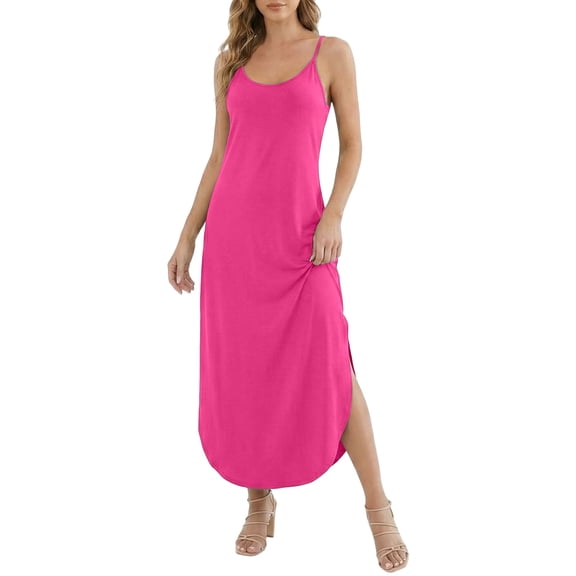 DHFJKG Sleeveless Beach Dress Women Loose Fit Summer Comfortable Flowy Long Dress Adjustable Straps Curved Hem Scoop Neck Trendy Dresses