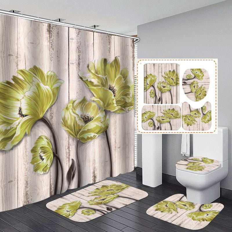 Butterfly Rose Bathroom Rug Anti-Slip Shower Curtain Bath Toilet Lid Cover Mat 