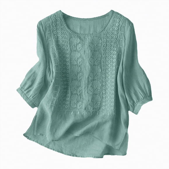 WUANDIXFA Women's 2025 Summer Fall Linen Shirts for Women Retro Embroidery Summer Loose 3/4 Sleeve Tshirts Tunic Tops Casual Blouses Boho Clothes Mint Green,3XL