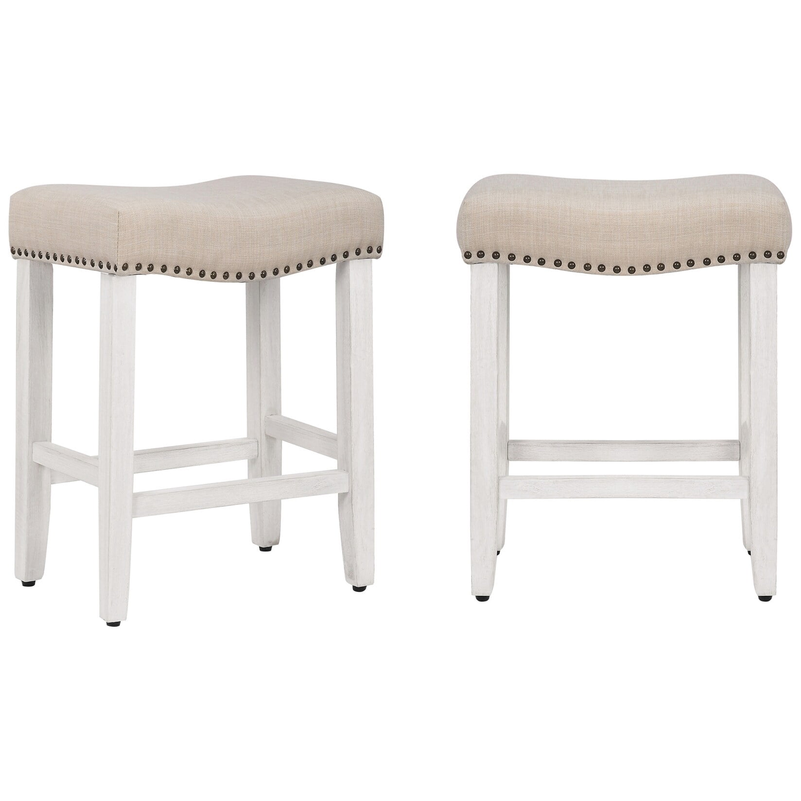 GRANDVILLE 24" Upholstered Bar Stool with Nail Head Trim (Set of 2), Antique White/Beige