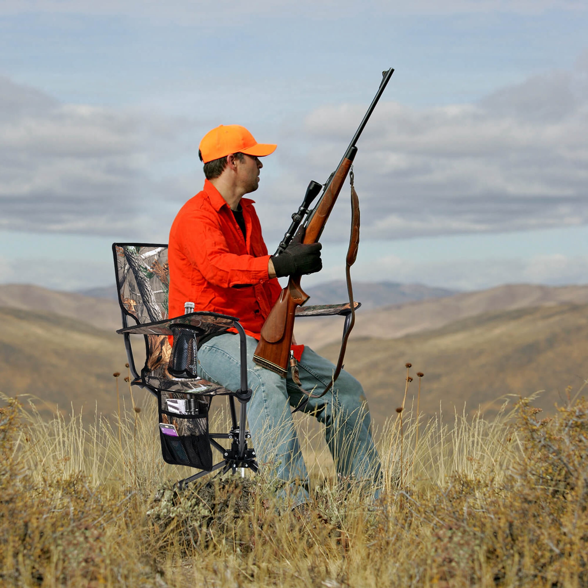 Goplus 360° Swivel Hunting Chair with Mesh Cup Holder & Storage Pockets Cozy Backrest Camo
