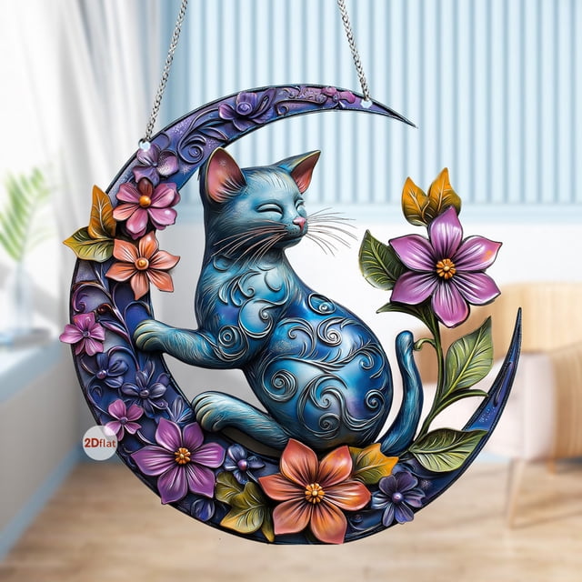 Adorno de gato 2D acrílico para ventana, decoración de pared, colgante para el hogar