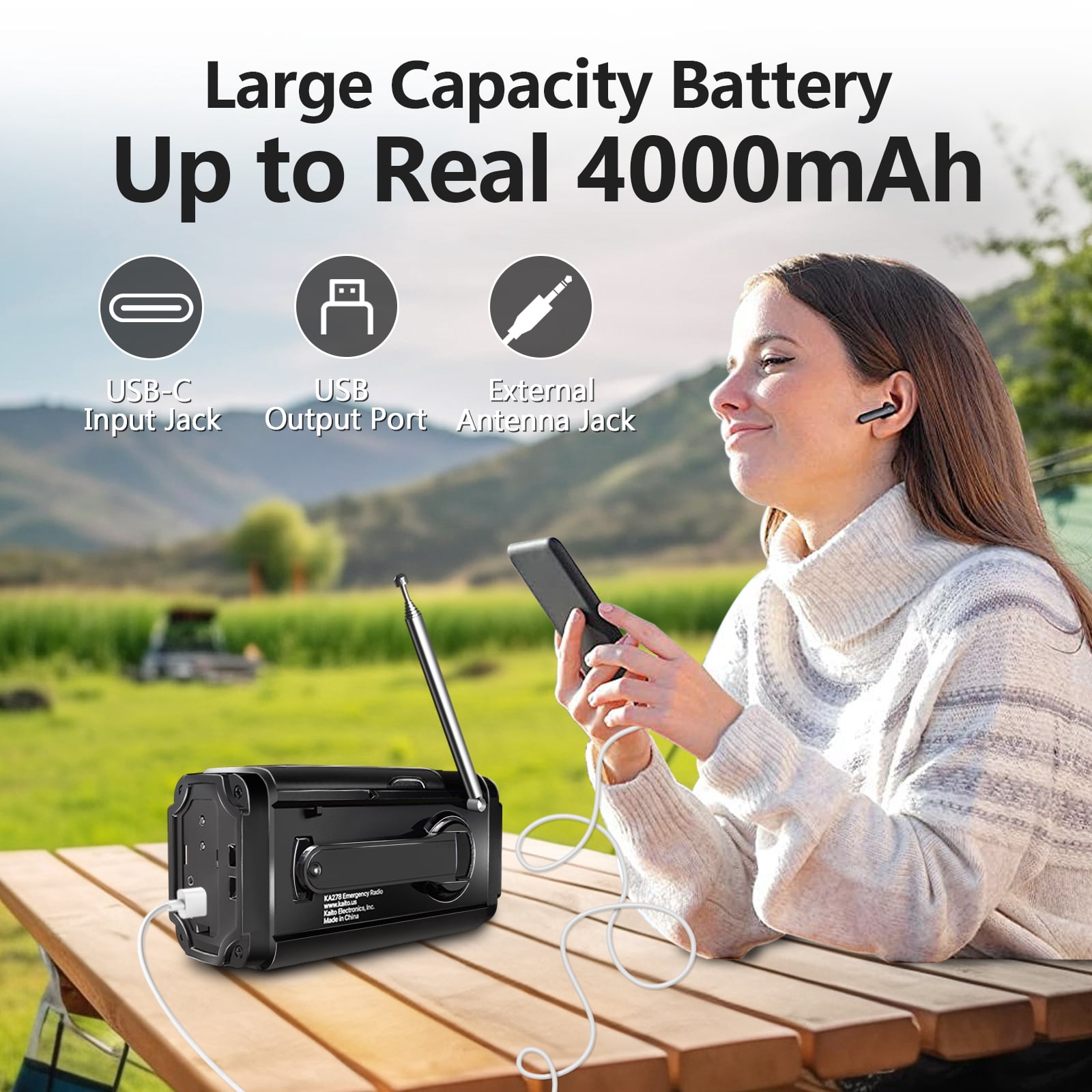 Kaito KA278 Emergency Weather Radio NOAA AM FM 4000mAh Power Bank Solar Crank - Black