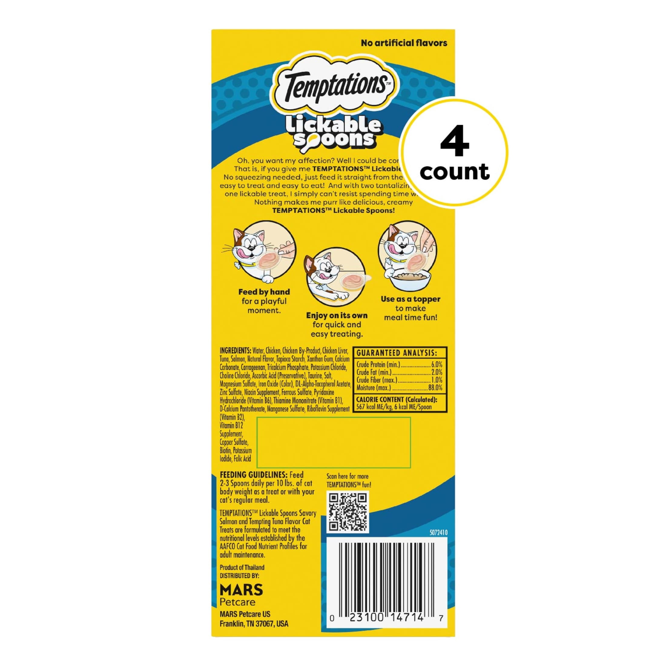 Temptations Lickable Spoons Wet Cat Treat, Savory Salmon & Tempting Tuna, 10 Grams, Pack of 4