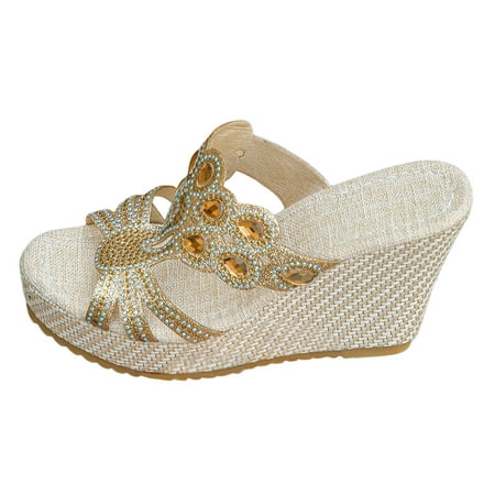 

MIASHUI Womens Sandals Shoes Rhinestone Bright Leather Thick Bottom Large Size Slope Heel Sandals Slippers Casual Summer Shoes Gold 9