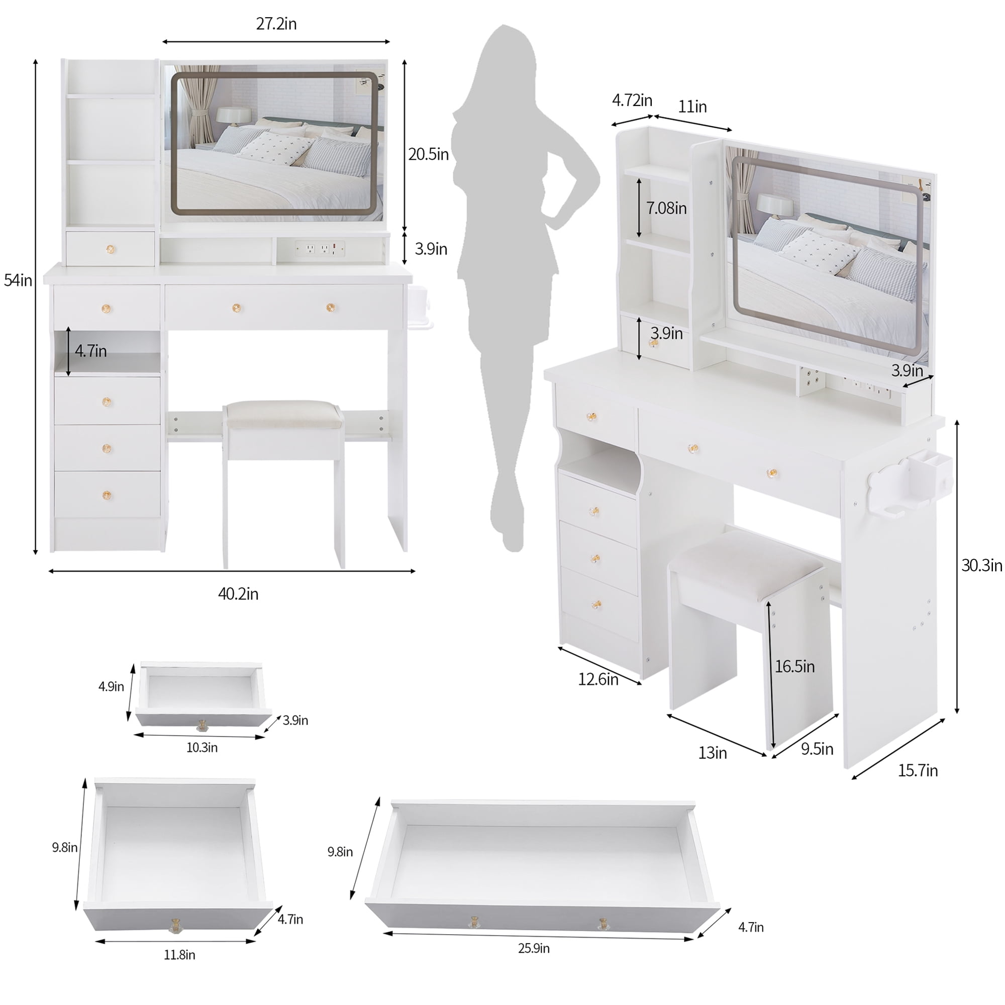 Euroco 41" Large Size Left Drawer Desktop Vanity Table+Cushioned Stool Dresser Set, 2 AC+2 USB Power Station, Hair Dryer Stand, Extra Large Touch Control LED Mirror