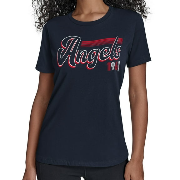 Women's Starter  Navy Los Angeles Angels Groovy Script Team Fitted T-Shirt