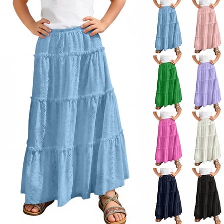 Miluxas Girl Summer Boho Maxi Skirt Eyelet Elastic Waist String Casual Beach Vacation Long Skirts Purple 14-15 Years