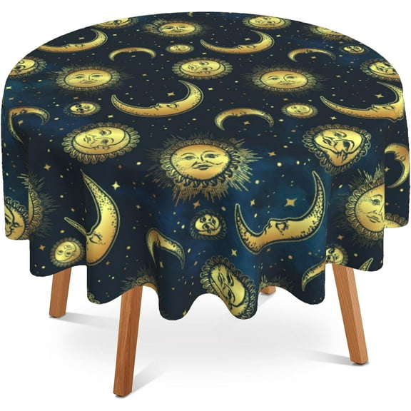 Sun Moon Stars Round Table Cloth 60 Inch,Boho Gold Celestial Tablecloth Waterproof Stain Wrinkle Resistant Washable Circle Table Cover for Home Kitchen Dining Room Party Outdoor Picnic