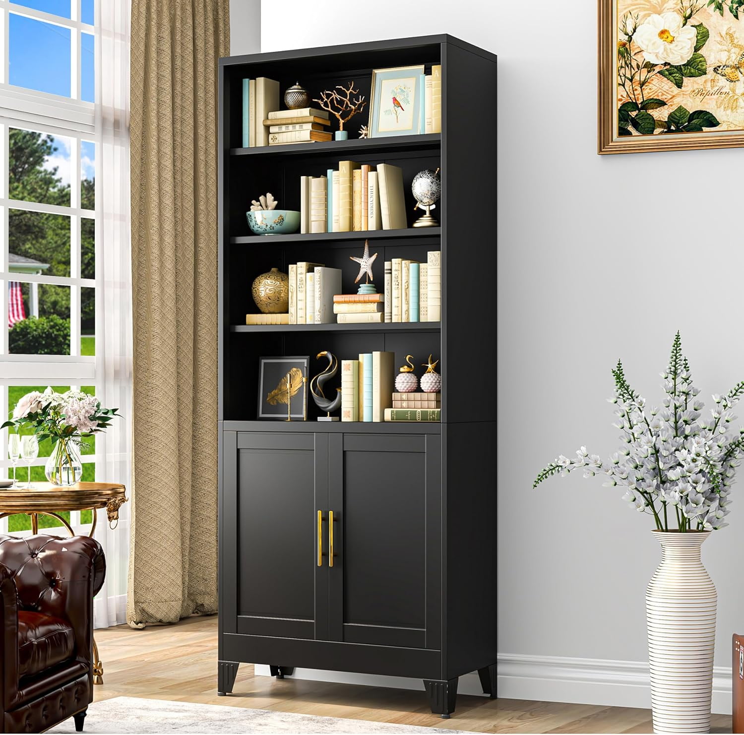 71"H Tall Metal Bookcase/Bookshelf with Doors And 4 Adjustable Shelves for Storage