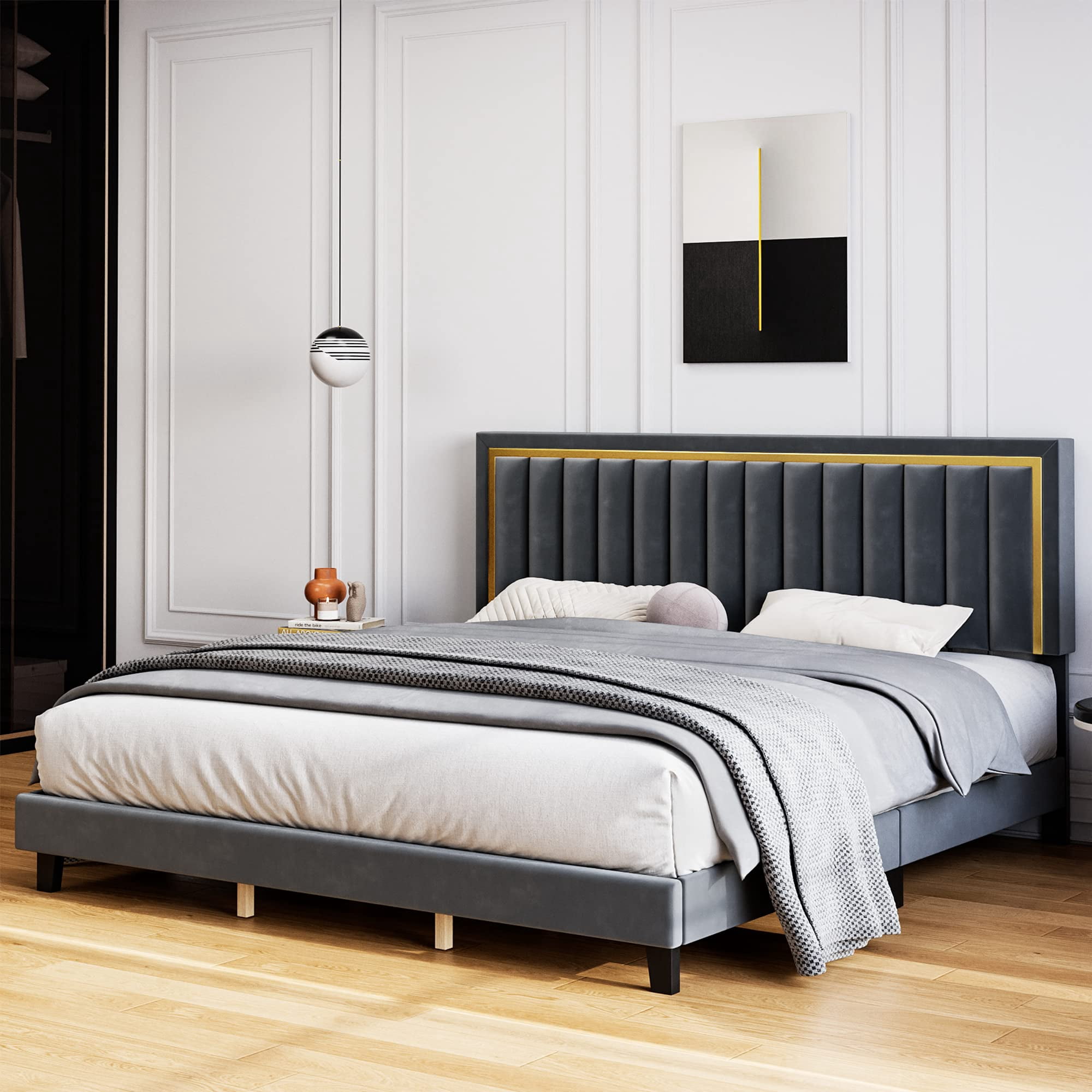 Wood Bed Frame, Velvet Upholstered Platform Bed Frame with Adjustable ...