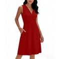 thumbnail image 2 of BRGZLK Women's Sleeveless V Neck Dress Solid Color Sleeveless Fitted Vintage Swing A Line Ruched Waist Business Elegant Midi Dress with Pockets Red XL, 2 of 5