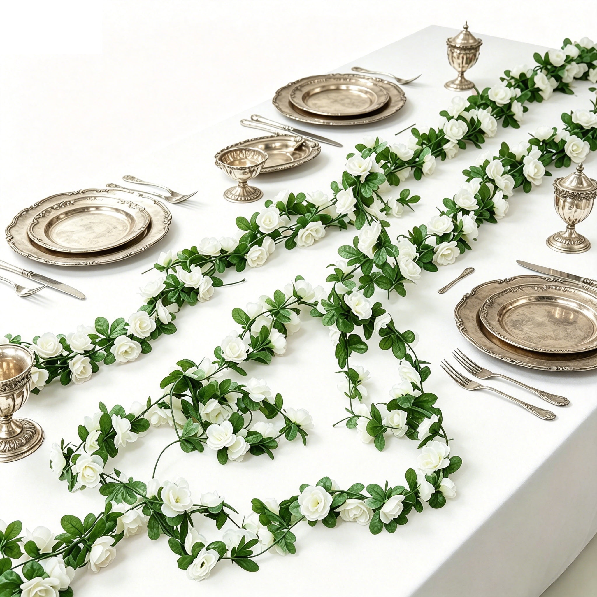 TETOU 6pcs Flower Garlands Artificial Rose Vine Flowers with Leaves 66ft Hanging Roses Vine for Room Wedding Birthday Christmas Wall Decor(White)