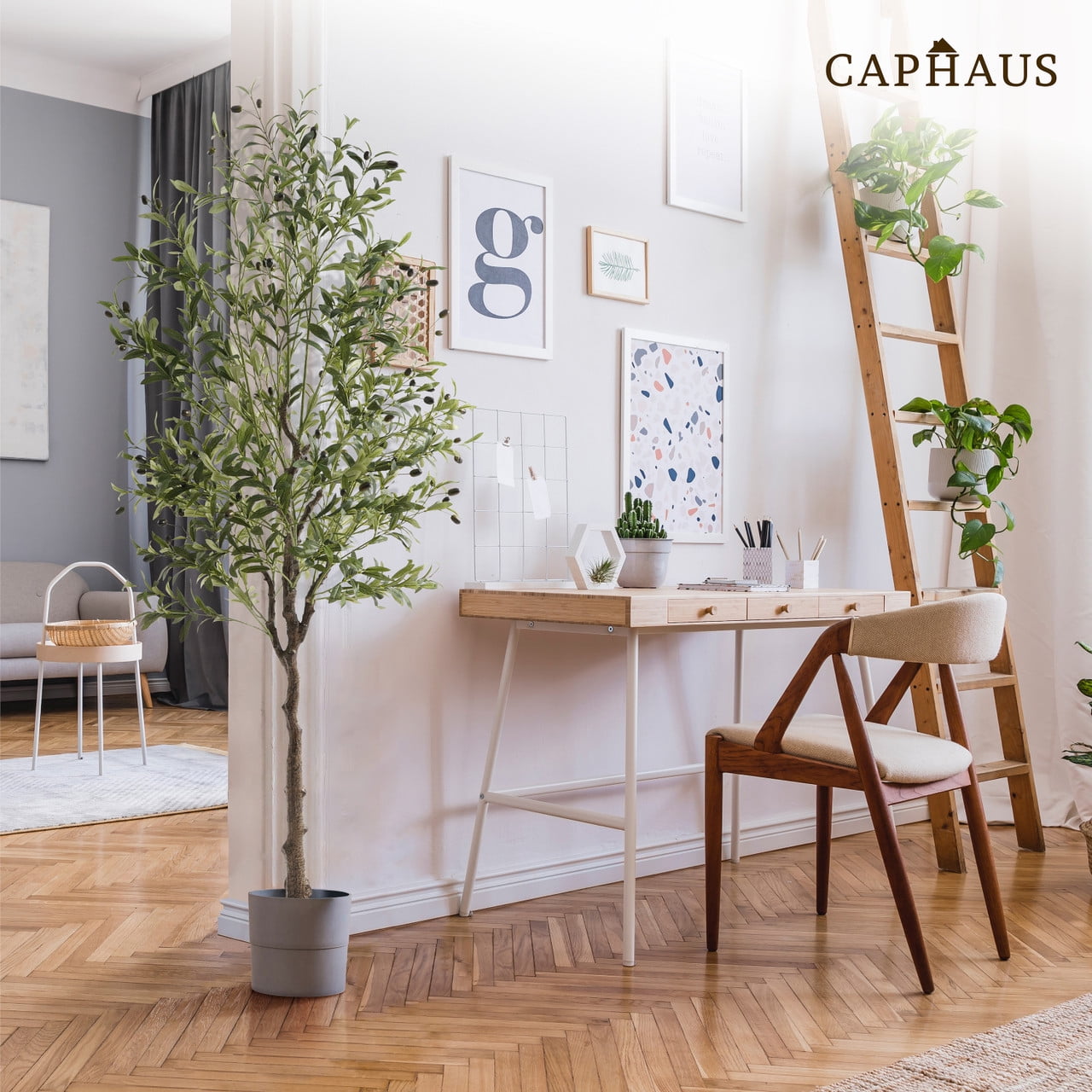 CAPHAUS Artificial Olive Tree, 5 / 6 / 7 Feet Fake Potted Topiary Tree with Dried Moss, Faux Olive Branch and Fruit, Faux Plant in Pot for Indoor Home Office Modern Decoration Gift for Housewarming