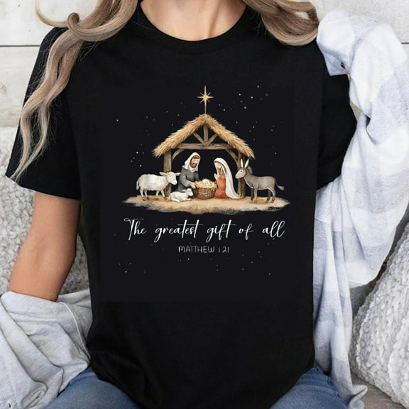 100% Cotton The Greatest Gift of All Nativity Scene Christmas T-Shirt Matthew 1 21 Bible Verse Holiday Shirt for Women and Men