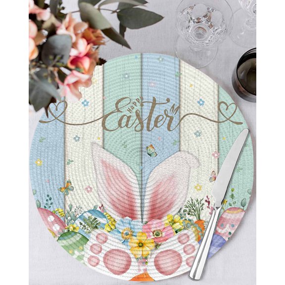 15 Inch Round Placemats Set of 6, Easter Non Slip Heat Insulation PP Table Mats, Spring Rabbit Ear Eggs Floral Butterfly Wooden Washable Place Mats for Kitchen Dining Party Table Decor
