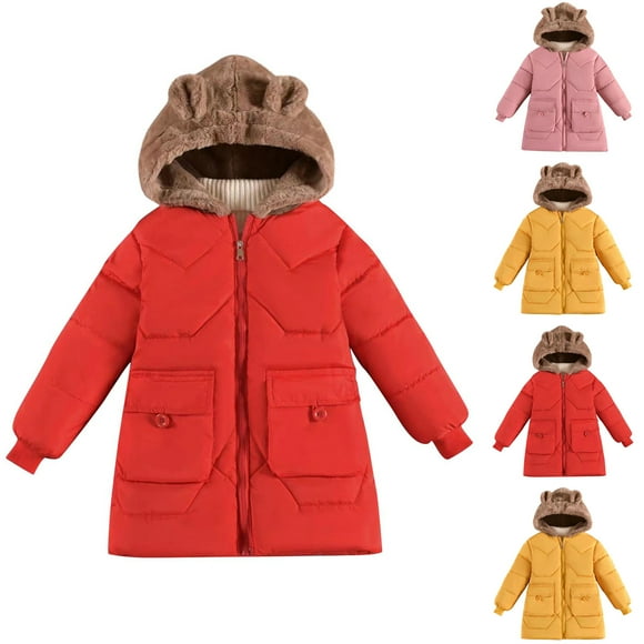 WRKEKC Girls Hooded Puffer Jacket Mid Length Thick Winter Coat Thermal Reflective Lining Hidden Drawstring Waist Playground Safe Outerwear for Recess Time