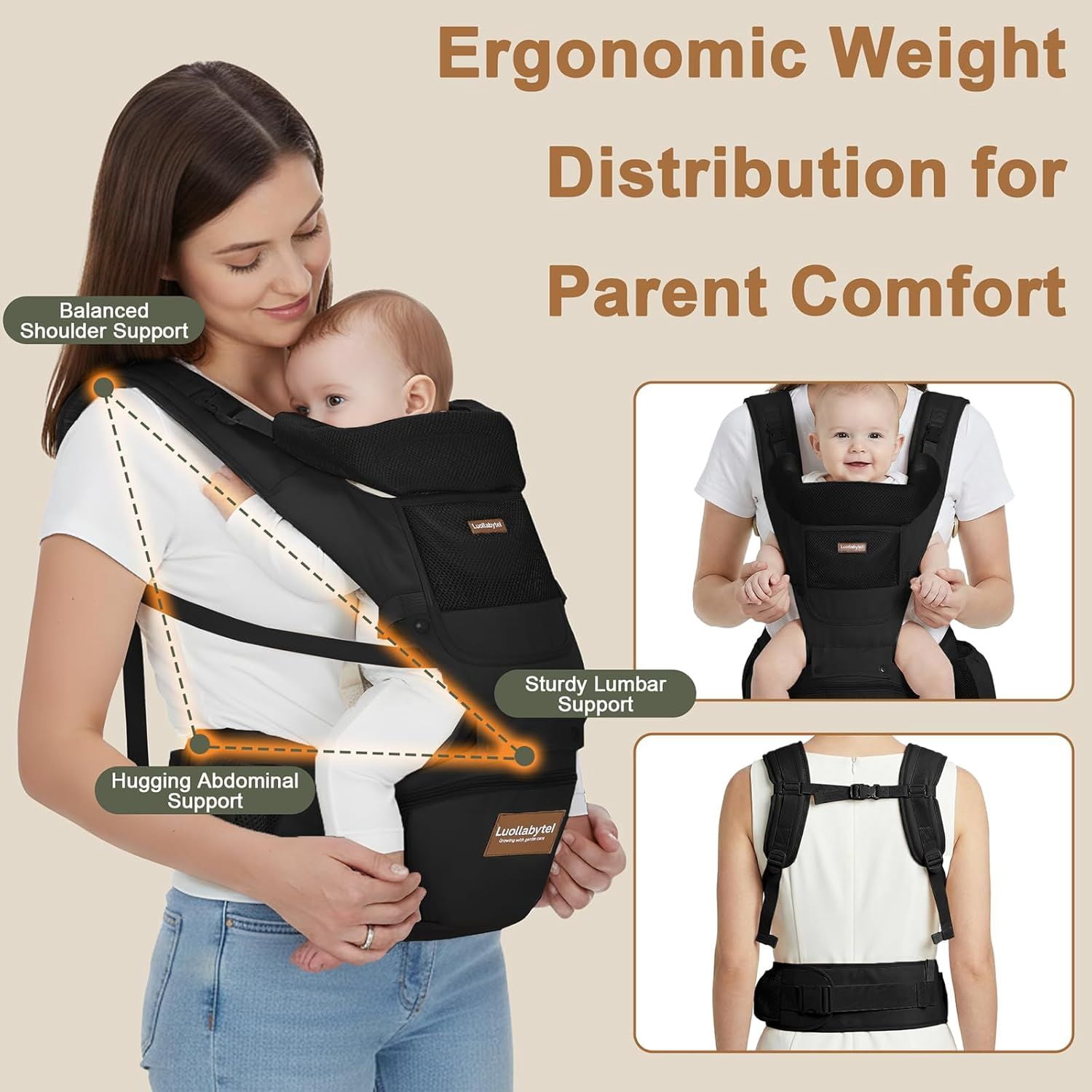 Baby Carrier with Hip Seat, 6-in-1 Baby Carrier Newborn to Toddler, Forward-Facing Carry for Active Babies, Adjustable Detachable Infant Carrier, Hands-Free Baby Holder