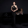 thumbnail image 1 of Vestido de noche elegante con escote largo y lentejuelas de diamante y cola de pez estilo reina para banquete, 1 of 2