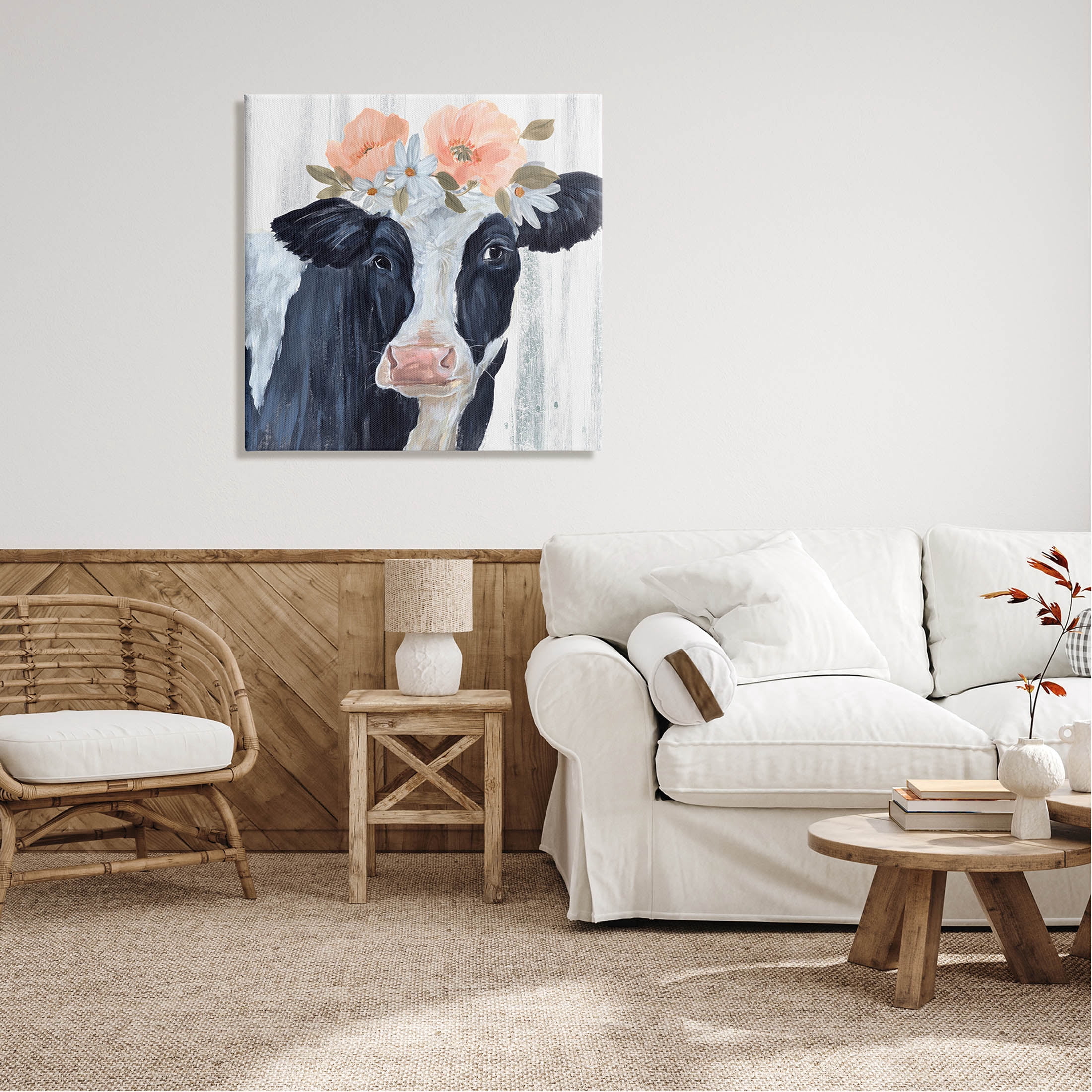 Farm Cow Floral Daisy Blooms Animals & Insects Graphic Art Gallery Wrapped Canvas Print Wall Art
