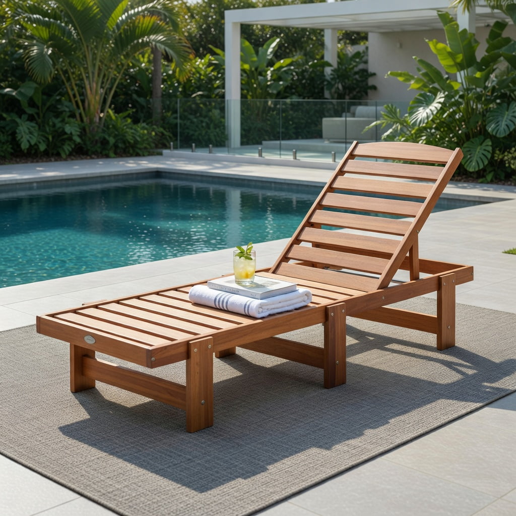 Hommoo Solid Wood Outdoor Chaise Lounge Chair with 5-Position Adjustable Backrest, Heavy-Duty Patio Recliner for Backyard, Garden & Poolside, Natural