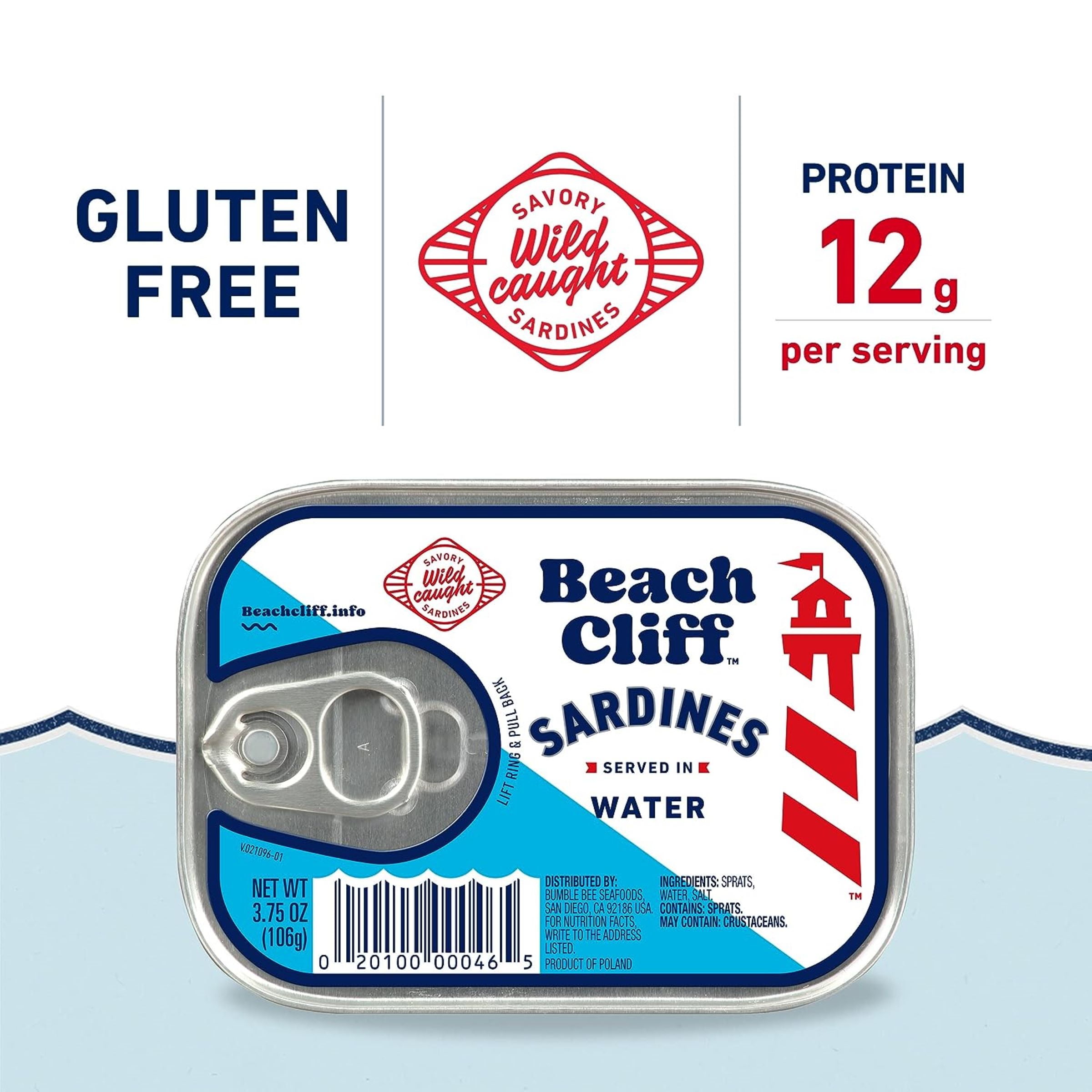 Beach Cliff Wild Caught Sardines in Water, Gluten Free, 12g Protein Per Serving, Shelf Stable Tin Can, 3.75oz