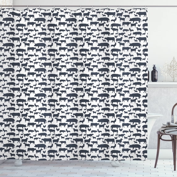 Cattle Shower Curtain, Farm Animals Silhouette Background Style Pattern for Agriculture Theme, Fabric Bathroom Set with Hooks, 69W X 75L Inches Long, White and Dark Blue Grey, by Ambesonne