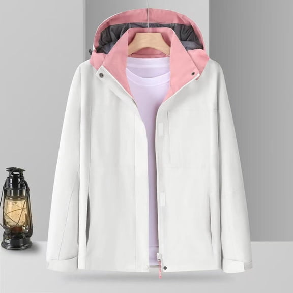 Outdoor Jackets Men & Women Hooded Front Zip Long Sleeve Windbreaker Plus Size Hiking Travel Outwear With Pockets (XXL, White)