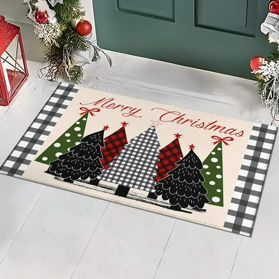 Buffalo Plaid Xmas Trees Merry Christmas Doormat 17"x30",Seasonal Xmas Door Mat Non-Slip Washable Low-Profile Winter Holiday Doormat for Indoor Outdoor
