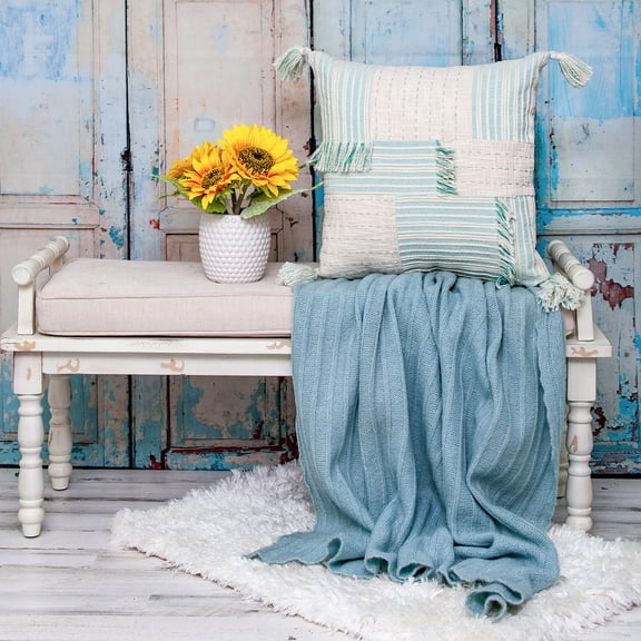 Nassau Collection Woven Patchwork Design Cotton Throw Pillow with Tassels - Beige and Blue