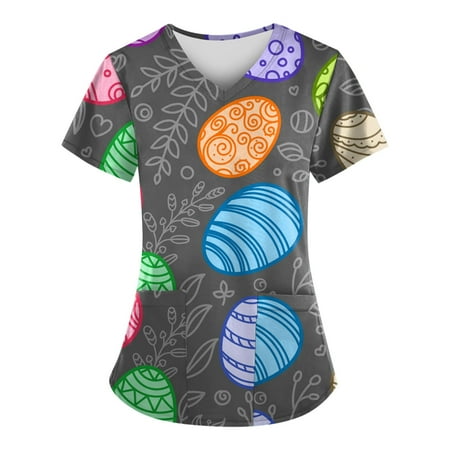 

Knosfe Women s Summer V Neck Casual Classic Fit Easter Day Short Sleeve Scrub Top Female Plus Size 2XL