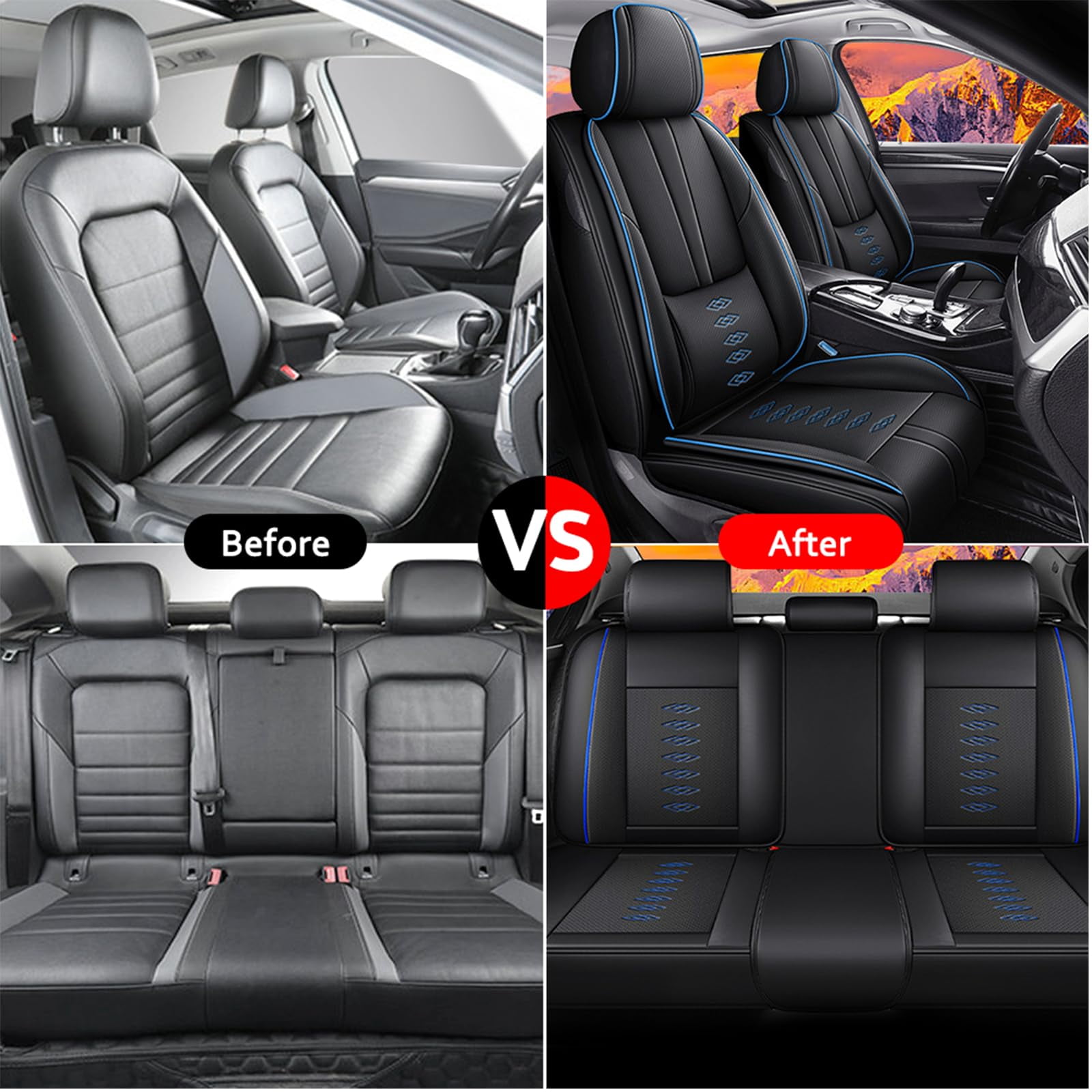 Leather Seat Covers for Honda Most 98% Cars SUVs,Car Seat Covers Full Set,Waterproof Car Seat Protectors with Airbag,Comfort Interior Cover Seats for Cars(Black+Blue,Pillows)