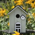 thumbnail image 2 of Bird House with Black Stepped Roof, Rustic Beige, Modern Farmhouse Panels, Applied Arched Window Details, Perch, 8 Inches, 2 of 6