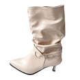 thumbnail image 2 of Women's Slouch Mid Calf Stiletto Heel Boots,Solid Adjustable Buckle Strap Pointed Toe Dressy Fall Winter Fashion Boots Beige 39, 2 of 9