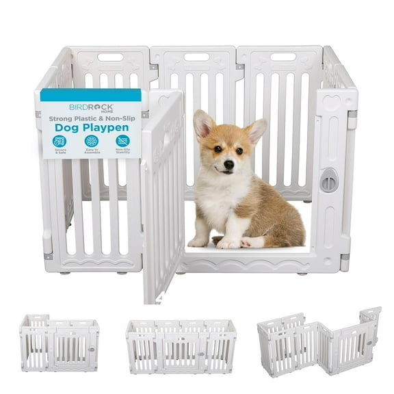 BIRDROCK HOME Dog Playpen w/ Door, 8 Panel, 25.6in H | Strong Plastic, Non-Slip Puppy Playpen, Secure Pet Gate | Indoor Outdoor Fence | Configurable Panels | Small Pets - White