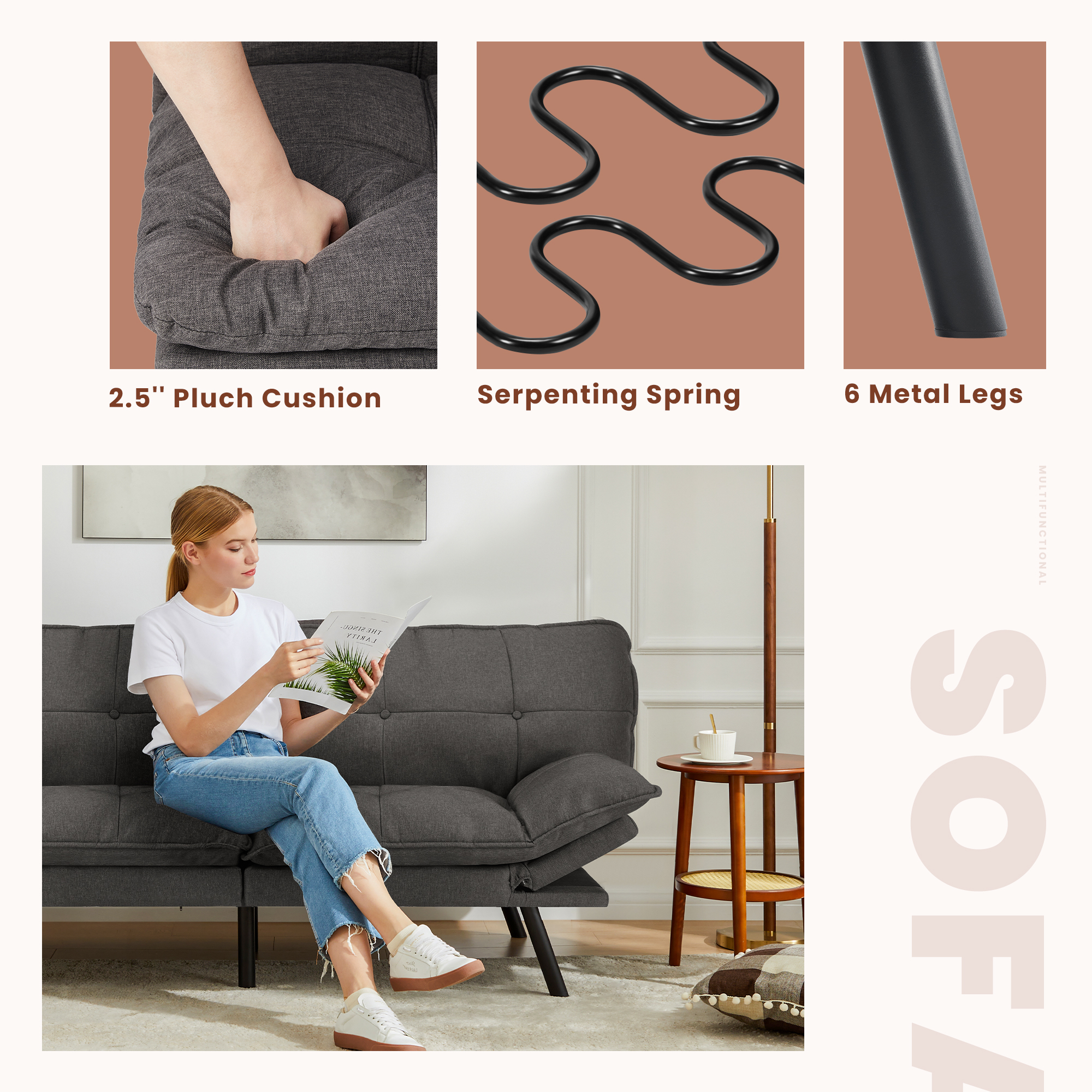 EDX Sofa Couch - Futon Sofa Bed, Full Size Futon, Sofa Sleeper, Modern Convertible Lazy Futon for Living Room, Small Space, Apartment Office, Grey