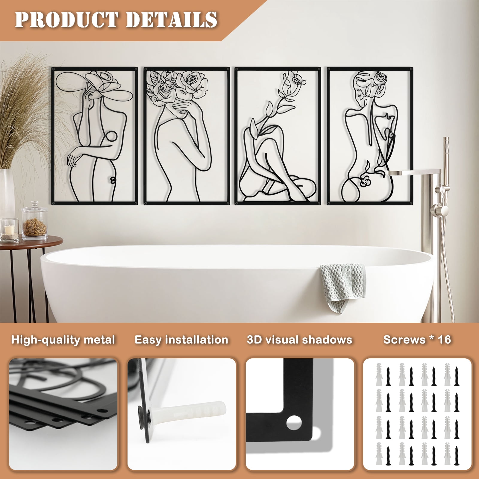 Wall Art Decor for Room Decor, 4 Piece Abstract Metal Wall Art, Female Black Wall Decor, Minimalist Flower Line Wall Hangings for Home Living Room Bedroom Bathroom