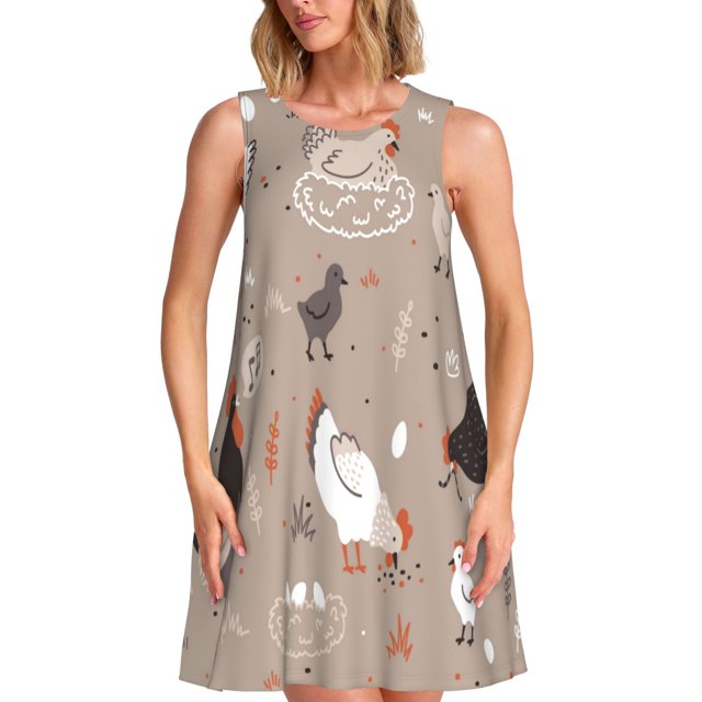 Easygdp Chicken para Vestido Transpirable de Mujer, Vestido Suelto de Manga Corta con Pliegues y Bolsillos para el Verano