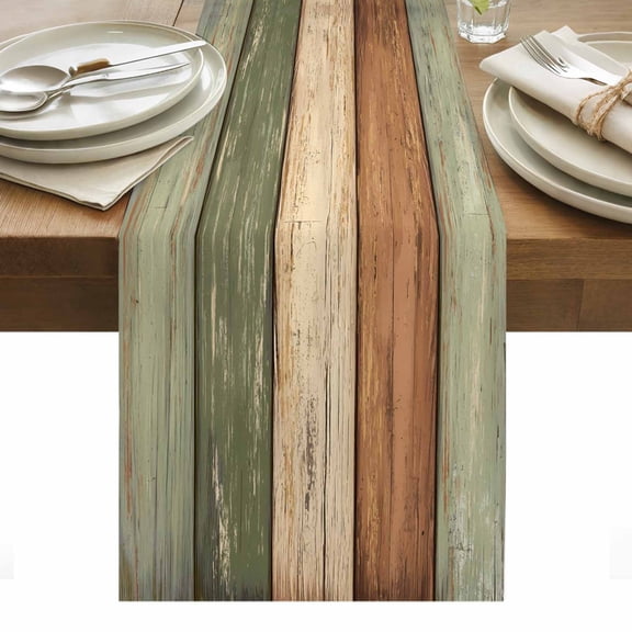 Farmhouse Sage Green Brown Table Runner - 108 Inch Long, Kitchen Dining Table Runner Dresser Scarves, Vintage Wooden Striped Farmhouse Decor for Coffee Tables Wedding Party Banquet