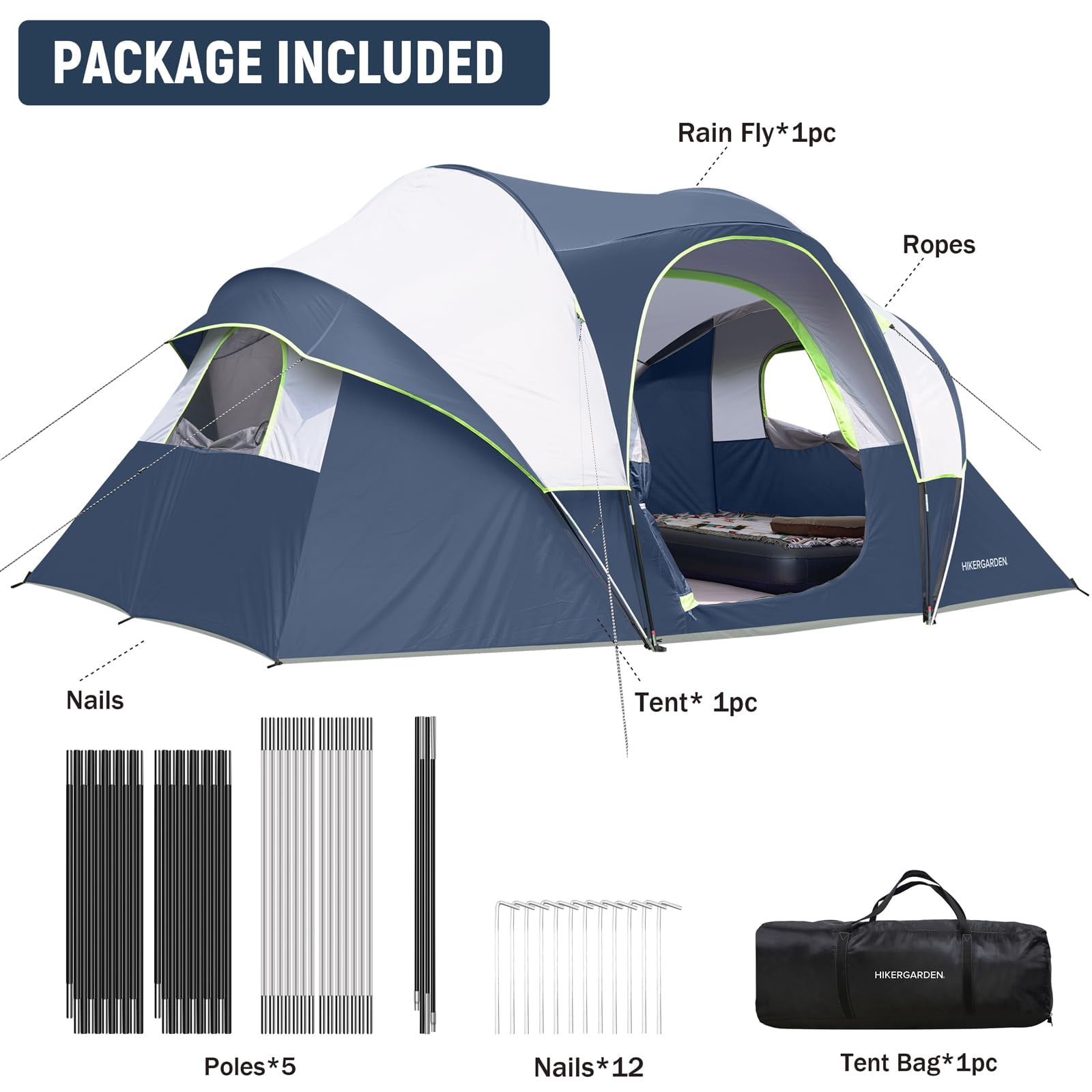 Hikergarden 10 Person Camping Tent - Portable Easy Set Up Family For Camp  Windproof Fabric Dome Outdoor Hiking Backpacking Traveling-14'x11'x74in(h)