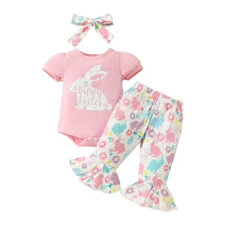 

QBGSAY Little Child Outfits Sets Infant Girls Short Sleeve Easter Rabbit Prints Romper Bodysuit Bell Bottoms Pants Outfits Clothes Set