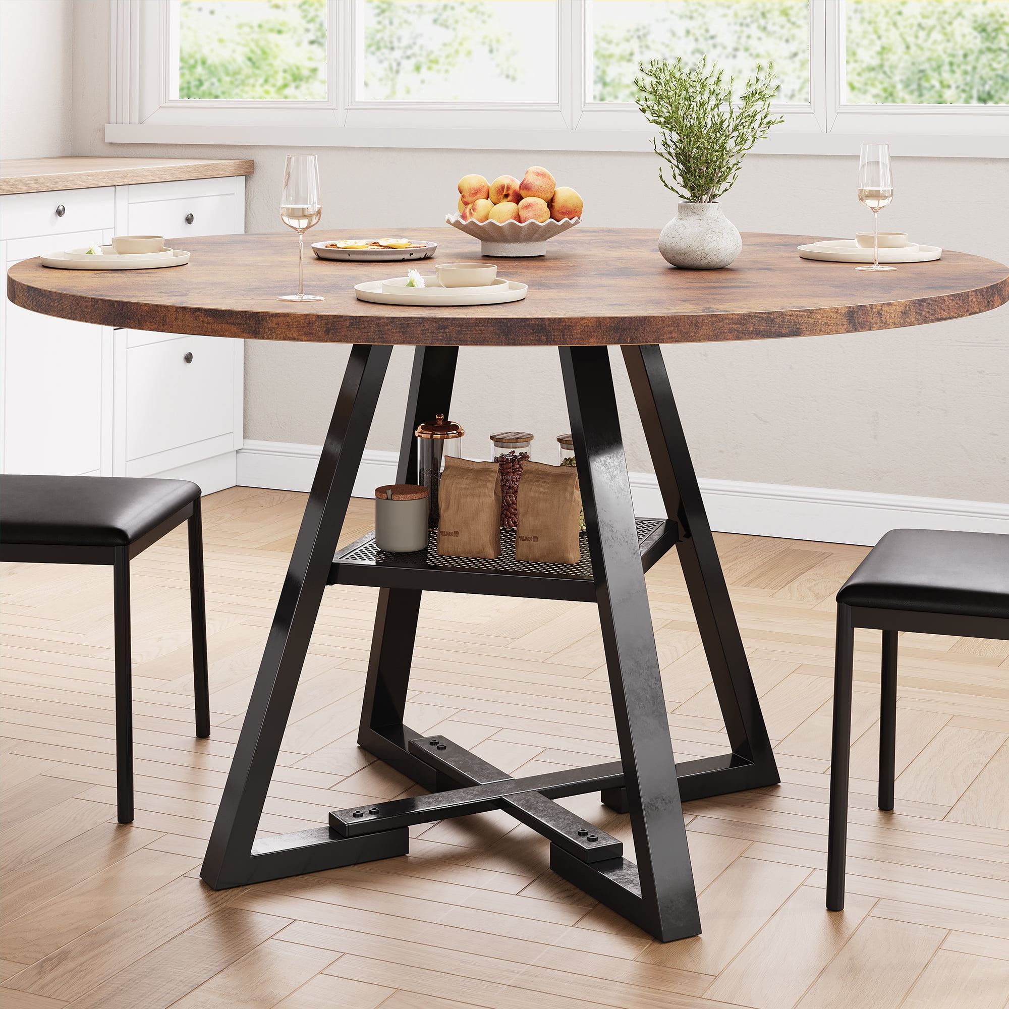 Hijob 47 inch Wood Dining Table for 4, Round Kitchen Dining Table with Storage Shelf for Home Dining Room Living Room, Brown(Only Table)
