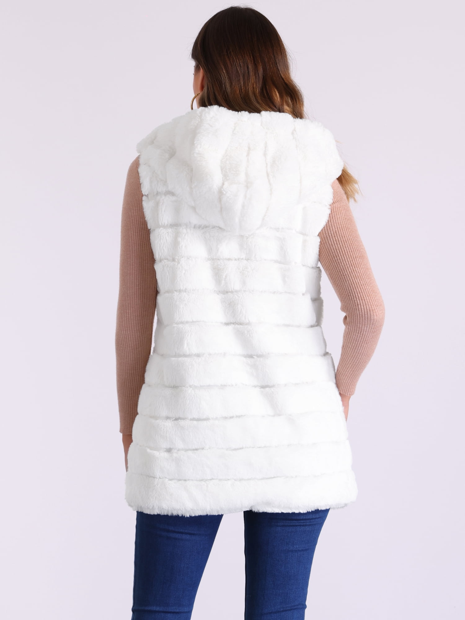 DARING DIVA Women's Faux Fur Sleeveless Zip Up Hooded Vest S White